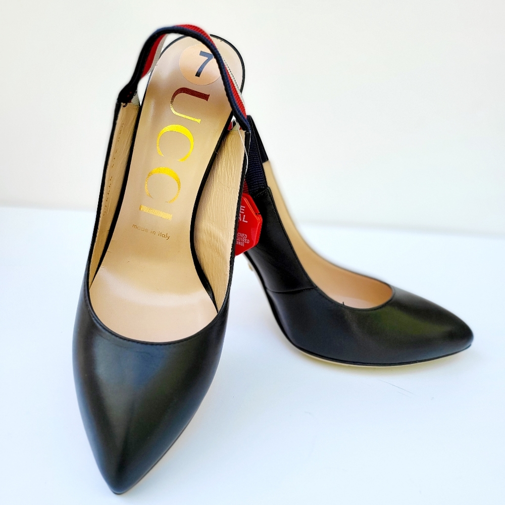 NWOT GUCCI Sylvie 75 Black Leather Red Slingback Strap Sandal Mule Heel Pump37.5 - Picture 10 of 16